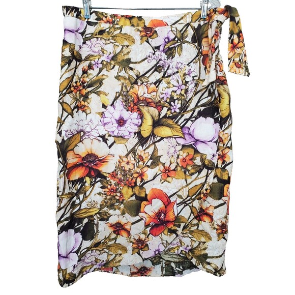 Chico's Linen Sarong Floral Faux Wrap Side-Zip Midi Skirt Size 2 Large NWT - Picture 1 of 6